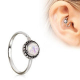 316L Stainless Steel White Synthetic Opal Ornate Cartilage Hoop Earring by Fashion Hut Jewelry
