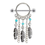 316L Surgical Steel Turquoise Beads Feather Dangle Nipple Shield by Fashion Hut Jewelry