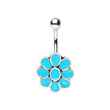316L Stainless Steel Teal Blue Flower Navel Ring by Fashion Hut Jewelry
