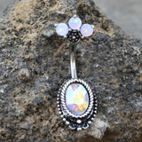 316L Surgical Steel Aurora Borealis CZ Navel Ring with Opal Fan Top by Fashion Hut Jewelry