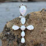 316L Stainless Steel White Synthetic Opal Cross Top Down Navel Ring by Fashion Hut Jewelry