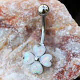 316L Stainless Steel White Synthetic Opal Clover Navel Ring by Fashion Hut Jewelry