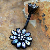 Black PVD Plated Aurora Borealis Flower Navel Ring by Fashion Hut Jewelry