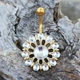 Gold Plated Checkerboard Cut CZ Flower Navel Ring by Fashion Hut Jewelry