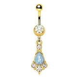 Gold Light Blue Tear Drop Synthetic Opal Dangle Navel Ring by Fashion Hut Jewelry
