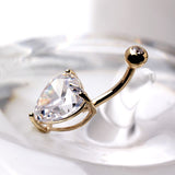 14Kt Yellow Gold Navel Ring with Large Clear Heart Prong Set CZ by Fashion Hut Jewelry