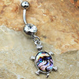316L Stainless Steel Teal Abalone Inlay Turtle Dangle Navel Ring by Fashion Hut Jewelry