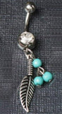316L Surgical Steel Navel Ring with Feather and Bead Dangle by Fashion Hut Jewelry