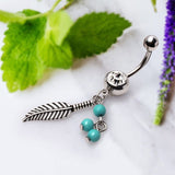 316L Surgical Steel Navel Ring with Feather and Bead Dangle by Fashion Hut Jewelry