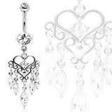 316L Surgical Steel Gemmed Chandelier Heart Dangle Navel Ring by Fashion Hut Jewelry