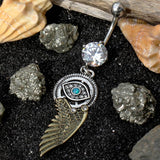 Gemmed Steampunk All Seeing Eye Navel Ring w/ Mechanical Wing Dangle Belly Ring by Fashion Hut Jewelry
