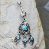 316L Stainless Steel Turquoise Teardrop and Feather Dangle Navel Ring by Fashion Hut Jewelry