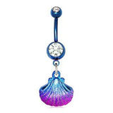 Blue PVD Plated Navel Ring with Blue & Pink Seashell Dangle by Fashion Hut Jewelry