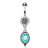 316L Stainless Steel Flower and Aqua Pendant Dangle Navel Ring by Fashion Hut Jewelry