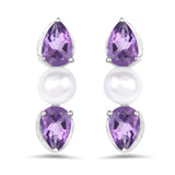 5.56 Carat Genuine Amethyst & Pearl .925 Silver 3 Piece Jewelry Set (Ring Earring & Pendant Chain)