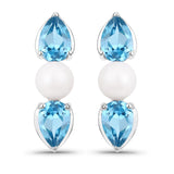 3.22 Carat Genuine Blue Topaz and Pearl .925 Sterling Silver Earrings
