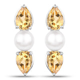 5.56 Carat Genuine Citrine & Pearl .925 Silver 3 Piece Jewelry Set (Ring Earring & Pendant w/ Chain)
