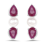 5.80 Carat Genuine Ruby & Pearl .925 Silver 3 Piece Jewelry Set (Ring Earring & Pendant w/ Chain)