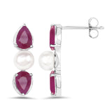2.90 Carat Genuine Ruby and Pearl .925 Sterling Silver Earrings