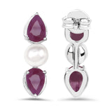 2.90 Carat Genuine Ruby and Pearl .925 Sterling Silver Earrings