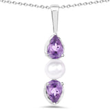 5.56 Carat Genuine Amethyst & Pearl .925 Silver 3 Piece Jewelry Set (Ring Earring & Pendant Chain)