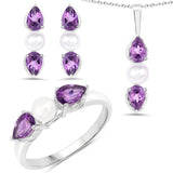 5.56 Carat Genuine Amethyst & Pearl .925 Silver 3 Piece Jewelry Set (Ring Earring & Pendant Chain)
