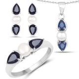 5.96 Carat Genuine Blue Sapphire & Pearl .925 Silver 3 Pc Jewelry Set (Ring Earring & Pendant Chain)