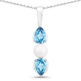 6.44 Carat Genuine Blue Topaz & Pearl .925 Silver 3 Piece Jewelry Set (Ring Earring & Pendant Chain)