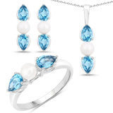 6.44 Carat Genuine Blue Topaz & Pearl .925 Silver 3 Piece Jewelry Set (Ring Earring & Pendant Chain)