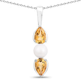 5.56 Carat Genuine Citrine & Pearl .925 Silver 3 Piece Jewelry Set (Ring Earring & Pendant w/ Chain)