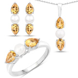 5.56 Carat Genuine Citrine & Pearl .925 Silver 3 Piece Jewelry Set (Ring Earring & Pendant w/ Chain)