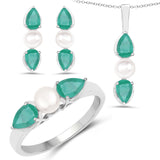 5.48 Carat Genuine Emerald & Pearl .925 Silver 3 Piece Jewelry Set (Ring Earring & Pendant w/ Chain)