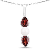 6.20 Carat Genuine Garnet & Pearl .925 Silver 3 Piece Jewelry Set (Ring Earring & Pendant w/ Chain)