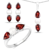 6.20 Carat Genuine Garnet & Pearl .925 Silver 3 Piece Jewelry Set (Ring Earring & Pendant w/ Chain)