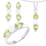 5.80 Carat Genuine Peridot & Pearl .925 Silver 3 Piece Jewelry Set (Ring Earring & Pendant w/ Chain)