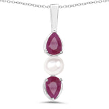 5.80 Carat Genuine Ruby & Pearl .925 Silver 3 Piece Jewelry Set (Ring Earring & Pendant w/ Chain)