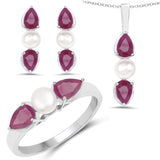 5.80 Carat Genuine Ruby & Pearl .925 Silver 3 Piece Jewelry Set (Ring Earring & Pendant w/ Chain)