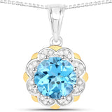 2.32 Carat Genuine Swiss Blue Topaz & White Diamond 14K Yellow Gold with .925 Silver Pendant