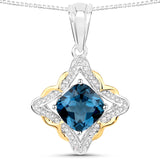 2.63 Carat Genuine London Blue Topaz and White Diamond .925 Sterling Silver Pendant