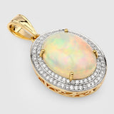 6.72 Carat Genuine Ethiopian Opal and White Diamond 14K Yellow Gold Pendant