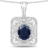 3.55 Carat Genuine Blue Sapphire and White Diamond .925 Sterling Silver Pendant