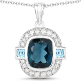 5.04 Carat Genuine London Blue Topaz, Swiss Blue Topaz & White Diamond .925 Sterling Silver Pendant