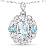 1.39 Carat Genuine Aquamarine, Swiss Blue Topaz and White Diamond .925 Sterling Silver Pendant
