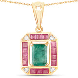 1.83 Carat Genuine Zambian Emerald, Ruby and White Diamond 14K Yellow Gold Pendant