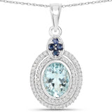 1.37 Carat Genuine Aquamarine, Blue Sapphire and White Diamond 14K White Gold Pendant