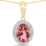 3.33 Carat Genuine Pink Tourmaline and White Diamond 14K Yellow Gold Pendant