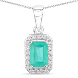 0.98 Carat Genuine Colombian Emerald and White Diamond 14K White Gold Pendant
