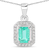 0.87 Carat Genuine Colombian Emerald and White Diamond 14K White Gold Pendant