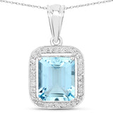 4.09 Carat Genuine Aquamarine and White Diamond 14K White Gold Pendant