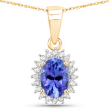 0.86 Carat Genuine Tanzanite and White Diamond 14K Yellow Gold Pendant